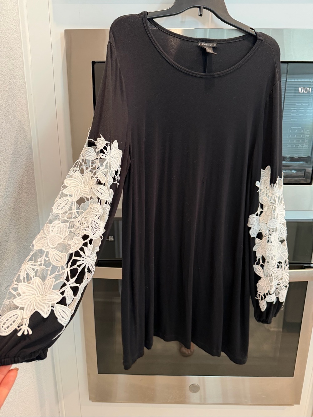 Design History Black Tunic with White Floral Lace Sleeves